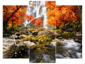 Obraz s hodinami Jesenný vodopád - 3 dielny Rozmery: 90 x 30 cm