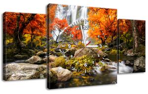 Obraz s hodinami Jesenný vodopád - 3 dielny Rozmery: 90 x 30 cm