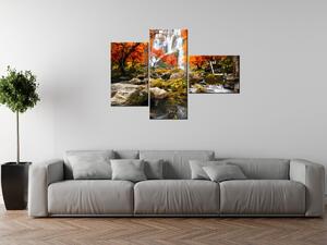 Obraz s hodinami Jesenný vodopád - 3 dielny Rozmery: 100 x 70 cm
