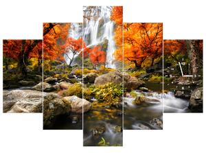 Obraz s hodinami Jesenný vodopád - 5 dielny Rozmery: 150 x 70 cm