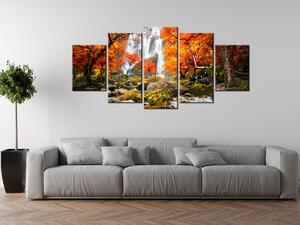 Obraz s hodinami Jesenný vodopád - 5 dielny Rozmery: 150 x 70 cm