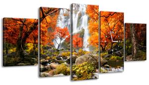 Obraz s hodinami Jesenný vodopád - 5 dielny Veľkosť: 150 x 70 cm