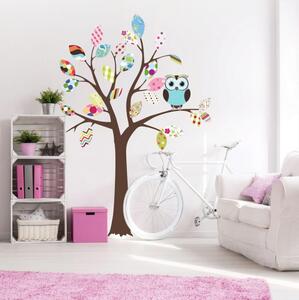 INSPIO-textilná prelepiteľná nálepka - Nálepka na stenu strom s farebnými listami a sovou