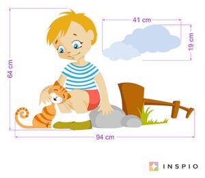 INSPIO-textilná prelepiteľná nálepka - Nálepka na stenu - Chlapček s mačičkou
