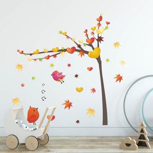 INSPIO-textilná prelepiteľná nálepka - Nálepka na stenu - Jesenný strom s vtáčikmi