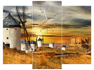 Obraz s hodinami Veterné mlyny v Španielsku - 3 dielny Rozmery: 90 x 70 cm