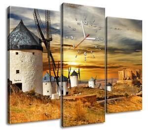 Obraz s hodinami Veterné mlyny v Španielsku - 3 dielny Rozmery: 90 x 70 cm