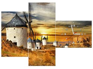 Obraz s hodinami Veterné mlyny v Španielsku - 3 dielny Rozmery: 100 x 70 cm