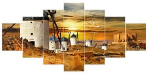 Obraz s hodinami Veterné mlyny v Španielsku - 7 dielny Rozmery: 210 x 100 cm