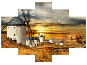 Obraz s hodinami Veterné mlyny v Španielsku - 5 dielny Rozmery: 150 x 105 cm