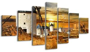 Obraz s hodinami Veterné mlyny v Španielsku - 7 dielny Rozmery: 210 x 100 cm