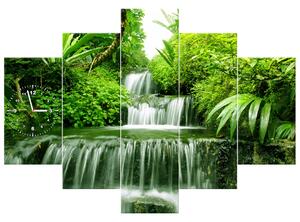 Obraz s hodinami Vodopád v dažďovom pralese - 5 dielny Rozmery: 150 x 105 cm