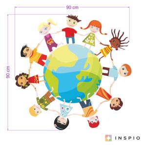 INSPIO-textilná prelepiteľná nálepka - Nálepka na stenu - Zemeguľa a deti