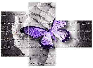 Obraz s hodinami Fialový motýľ na dlaniach - 3 dielny Rozmery: 30 x 90 cm