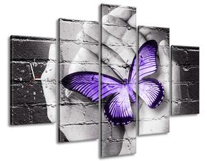 Obraz s hodinami Fialový motýľ na dlaniach - 5 dielny Rozmery: 150 x 105 cm