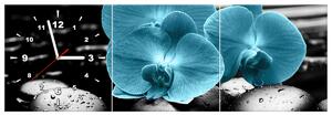 Gario 3 dielny obraz s hodinami Tyrkysová orchidea a kamene Veľkosť: 90 x 30 cm