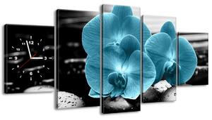 Gario 5 dielny obraz s hodinami Tyrkysová orchidea a kamene Veľkosť: 150 x 70 cm