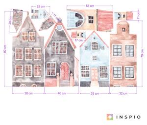 INSPIO-textilná prelepiteľná nálepka - Veľké domy, nálepky v hnedej, koralovej a modrej farbe