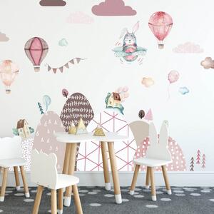 INSPIO-textilná prelepiteľná nálepka - Samolepky na stenu Kopce a balóny v ružovom