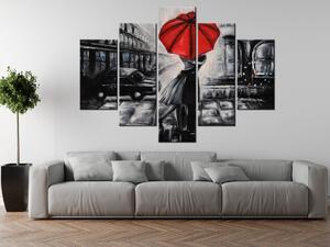 Obraz s hodinami Červený bozk v daždi - 5 dielny Rozmery: 150 x 105 cm