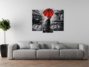 Obraz s hodinami Červený bozk v daždi - 3 dielny Rozmery: 90 x 70 cm