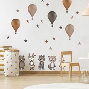 INSPIO-textilná prelepiteľná nálepka - Lesné zvieratká s balónmi v hnedých farbách