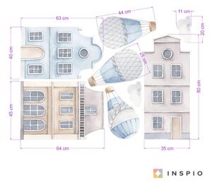 INSPIO-textilná prelepiteľná nálepka - Modré domčeky do detskej izby s balónmi