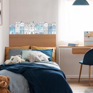 INSPIO-textilná prelepiteľná nálepka - Modré malé domčeky na stenu, samolepiace