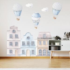 INSPIO-textilná prelepiteľná nálepka - Modré domčeky do detskej izby s balónmi