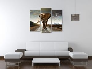 Obraz s hodinami Osamelý silný slon - 3 dielny Rozmery: 90 x 70 cm