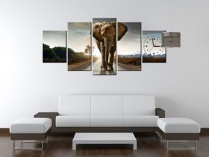 Obraz s hodinami Osamelý silný slon - 5 dielny Rozmery: 150 x 70 cm