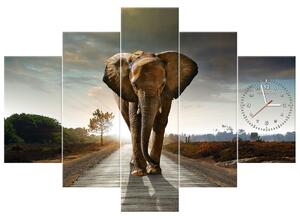 Obraz s hodinami Osamelý silný slon - 5 dielny Rozmery: 150 x 70 cm