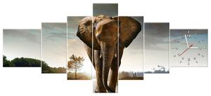 Obraz s hodinami Osamelý silný slon - 7 dielny Rozmery: 160 x 70 cm