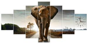 Obraz s hodinami Osamelý silný slon - 7 dielny Rozmery: 160 x 70 cm