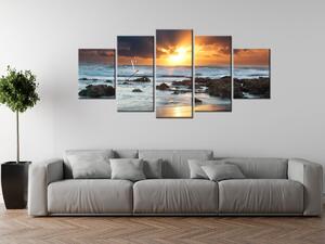 Obraz s hodinami Západ slnka nad oceánom - 5 dielny Rozmery: 150 x 70 cm