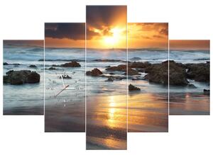 Obraz s hodinami Západ slnka nad oceánom - 5 dielny Rozmery: 150 x 105 cm
