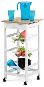 Autronic - Servírovací stolík / regál, doska masív bambus, MDF, biely matný lak, pojazd - DR-043
