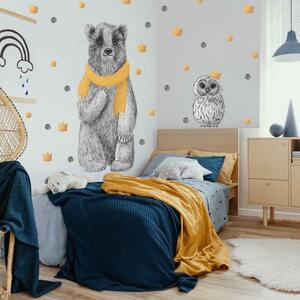 INSPIO-textilná prelepiteľná nálepka - Veľký nalepovací medveď v čiernobielej farbe so zlatými doplnkami a sovou