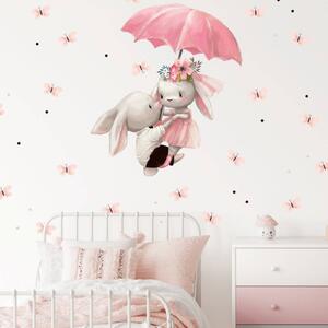 INSPIO-textilná prelepiteľná nálepka - Zajačiky letiace na dáždniku - Akvarelová samolepka