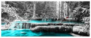 Obraz s hodinami Modrý vodopád v džungli Rozmery: 100 x 40 cm