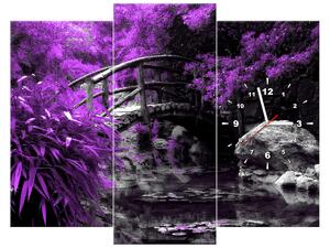 Gario 3 dielny obraz s hodinami Fialová Japonská záhrada Veľkosť: 90 x 70 cm