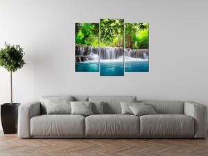Obraz s hodinami Číry vodopád v džungli - 3 dielny Rozmery: 30 x 90 cm