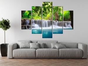Obraz s hodinami Číry vodopád v džungli - 5 dielny Rozmery: 150 x 105 cm