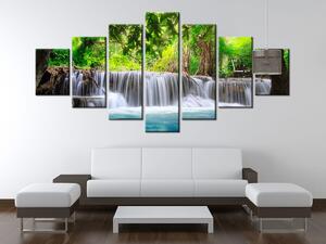 Obraz s hodinami Číry vodopád v džungli - 7 dielny Rozmery: 210 x 100 cm