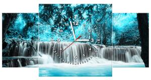Obraz s hodinami Vodopád v modrej džungli - 3 dielny Rozmery: 80 x 40 cm