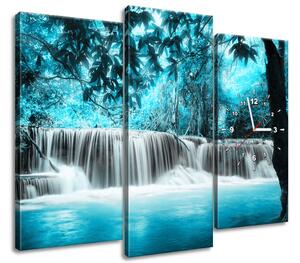 Obraz s hodinami Vodopád v modrej džungli - 3 dielny Rozmery: 80 x 40 cm