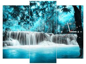 Obraz s hodinami Vodopád v modrej džungli - 3 dielny Rozmery: 90 x 70 cm