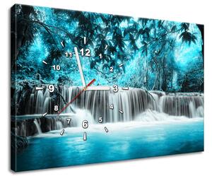 Obraz s hodinami Vodopád v modrej džungli Rozmery: 40 x 40 cm