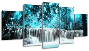 Obraz s hodinami Vodopád v modrej džungli - 5 dielny Rozmery: 150 x 70 cm
