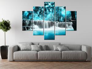 Obraz s hodinami Vodopád v modrej džungli - 5 dielny Rozmery: 150 x 70 cm
